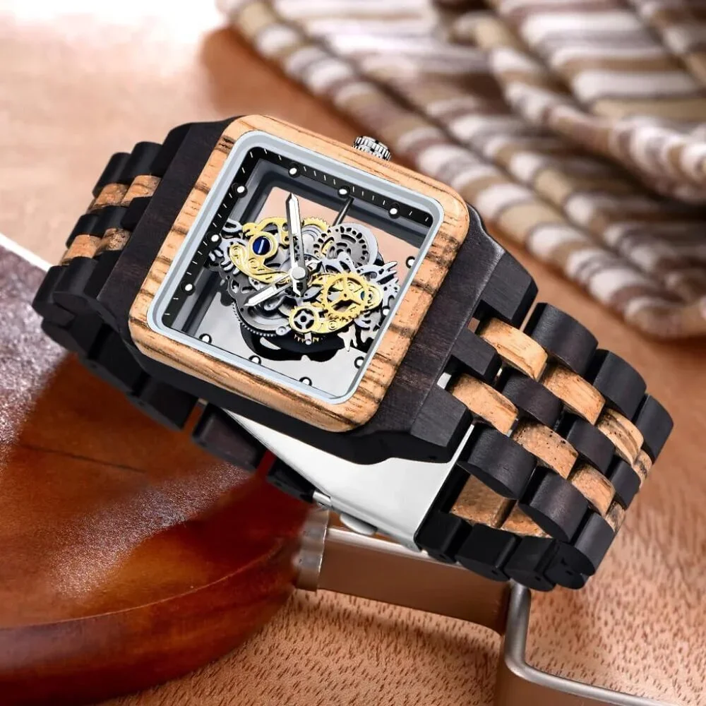 Men's Black Brown 2 Lightweight Wooden Analog Quartz Deployment Closure Watches